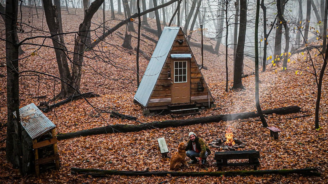 COZY WINTER NIGHT at a Tiny Cabin in the Woods | Campfire Cooking