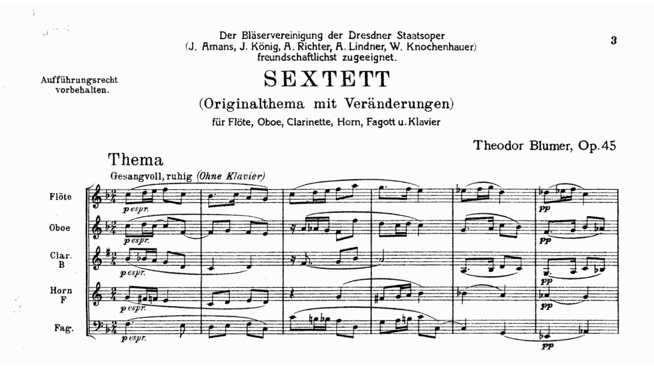 Theodore Blumer: Sextet for Piano and Wind Quintet, Op. 45 (1922)