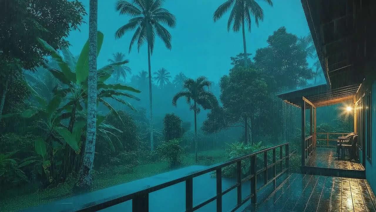 Fall Asleep Fast with Soft Rainfall and Low Thunder Murmur at Wooden Cabin Terrace 🌧️