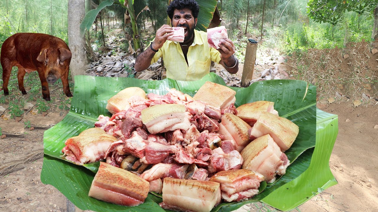 BIG Size Pork Cooking AND Eating in village style MAKING