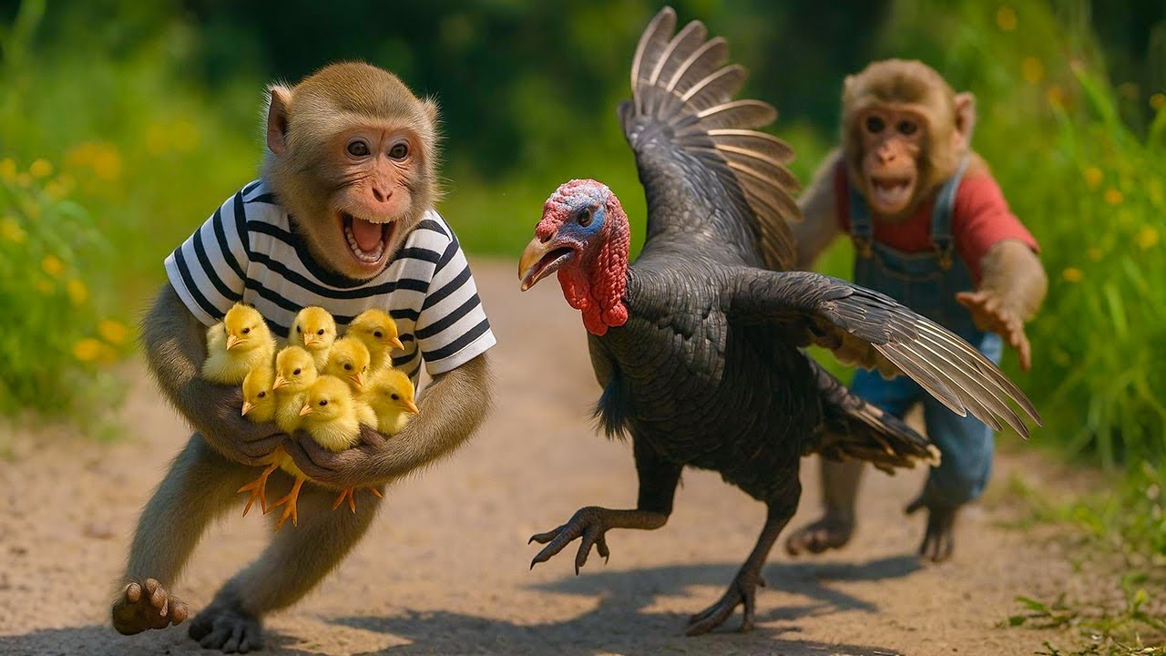 Coco Monkey Steals the Turkey's Chicks 🐒🐥, Nana Monkey Helps in the Wild Chase! 🦃🏃‍♂️💨
