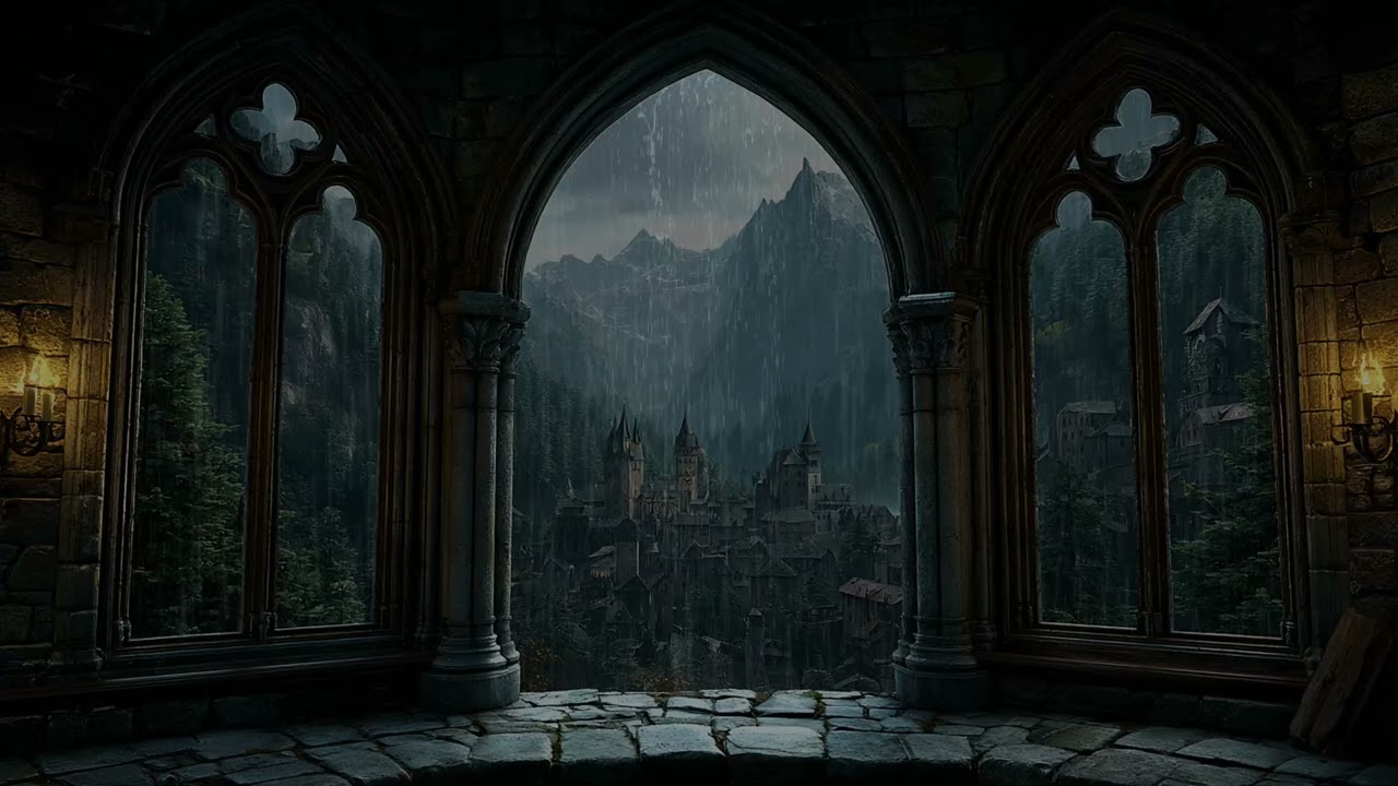 Gentle Storm at the Castle Window with Rain and Thunder for Deep Sleep, Study & Relaxing Ambience