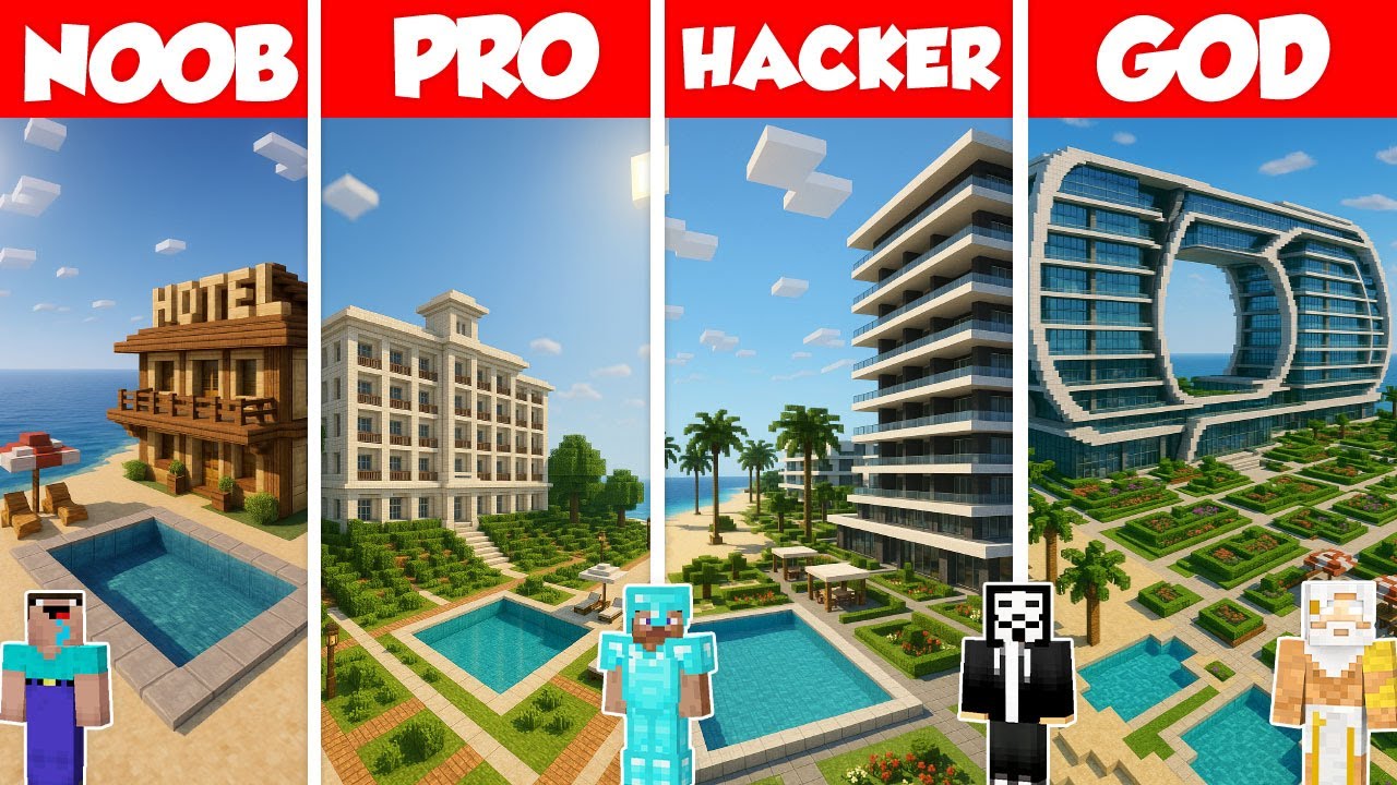 All Inclusive Hotel Build Battle Challenge - Noob vs Pro vs Hacker vs God - Minecraft Animation