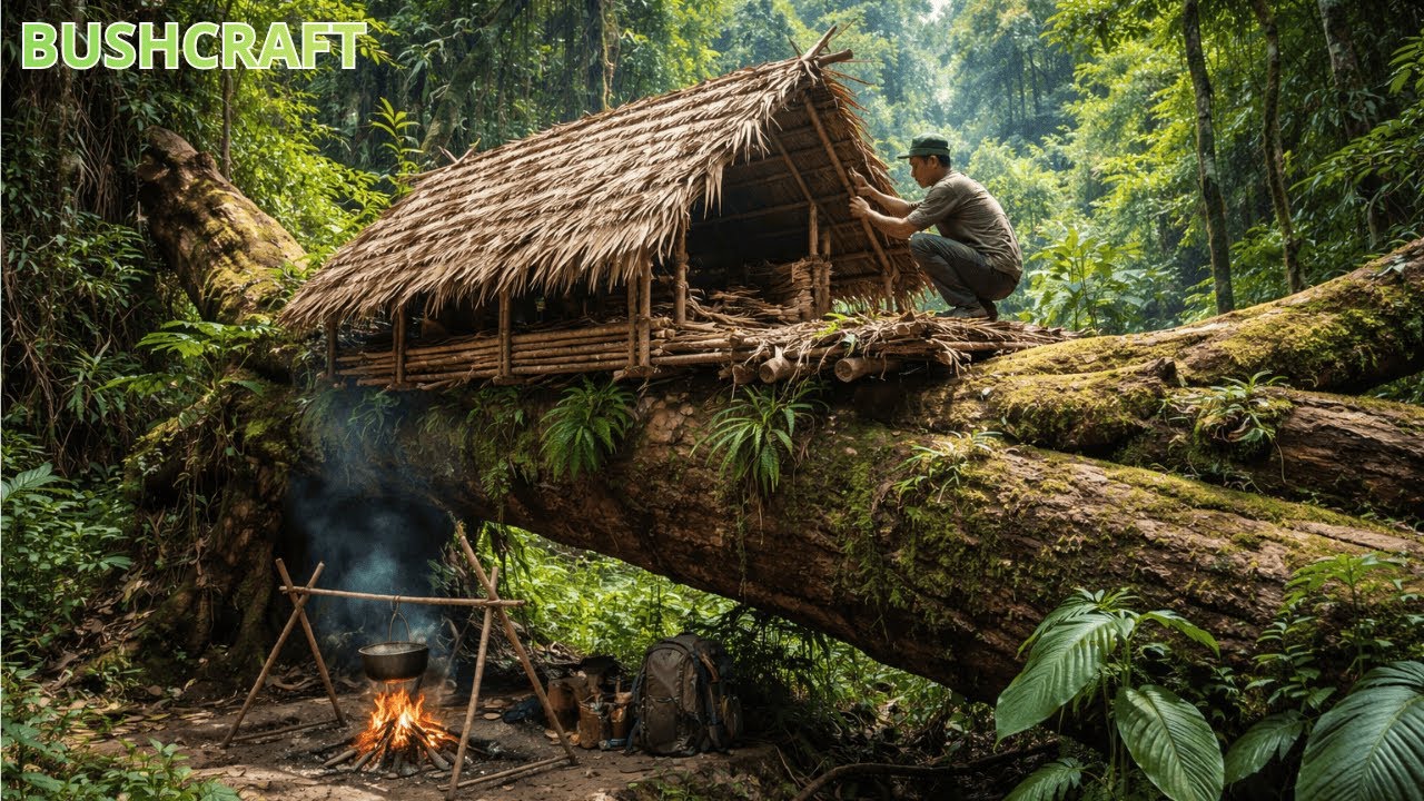 Building a Survival Shelter on a Fallen Ancient Tree Deep in the Jungle | Bushcraft Skills