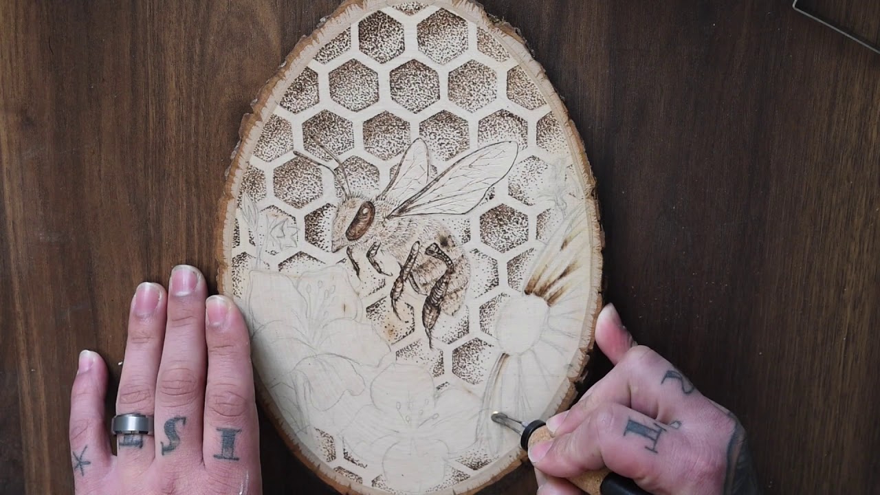 Honeybee Pyrogragraphy /adding color to Pyro art with colored pencil / pointillism pyrography