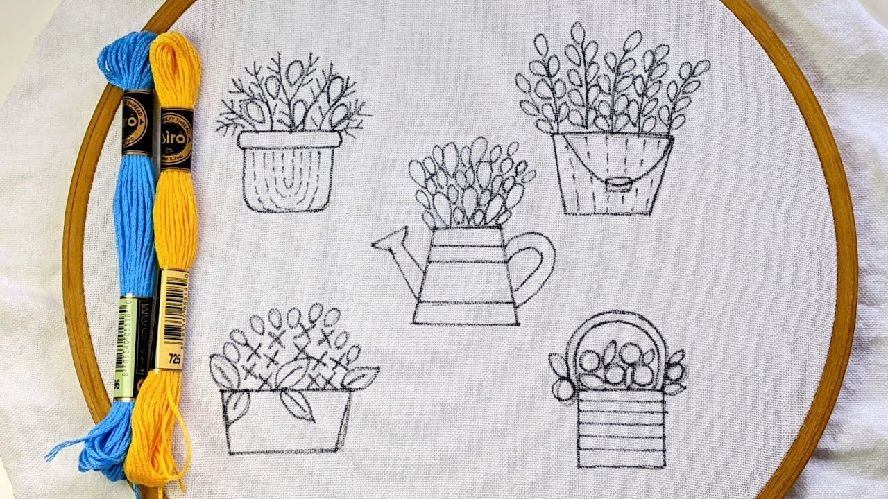 VERY VERY EASY FLOWER POTS HAND EMBROIDERY DESIGNS FOR BEGINNERS 