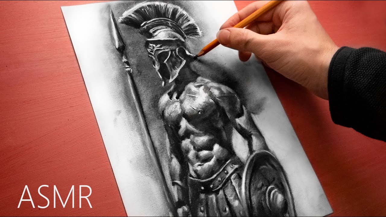 ASMR Greek Warrior Drawing - Charcoal Pencils - No Talking