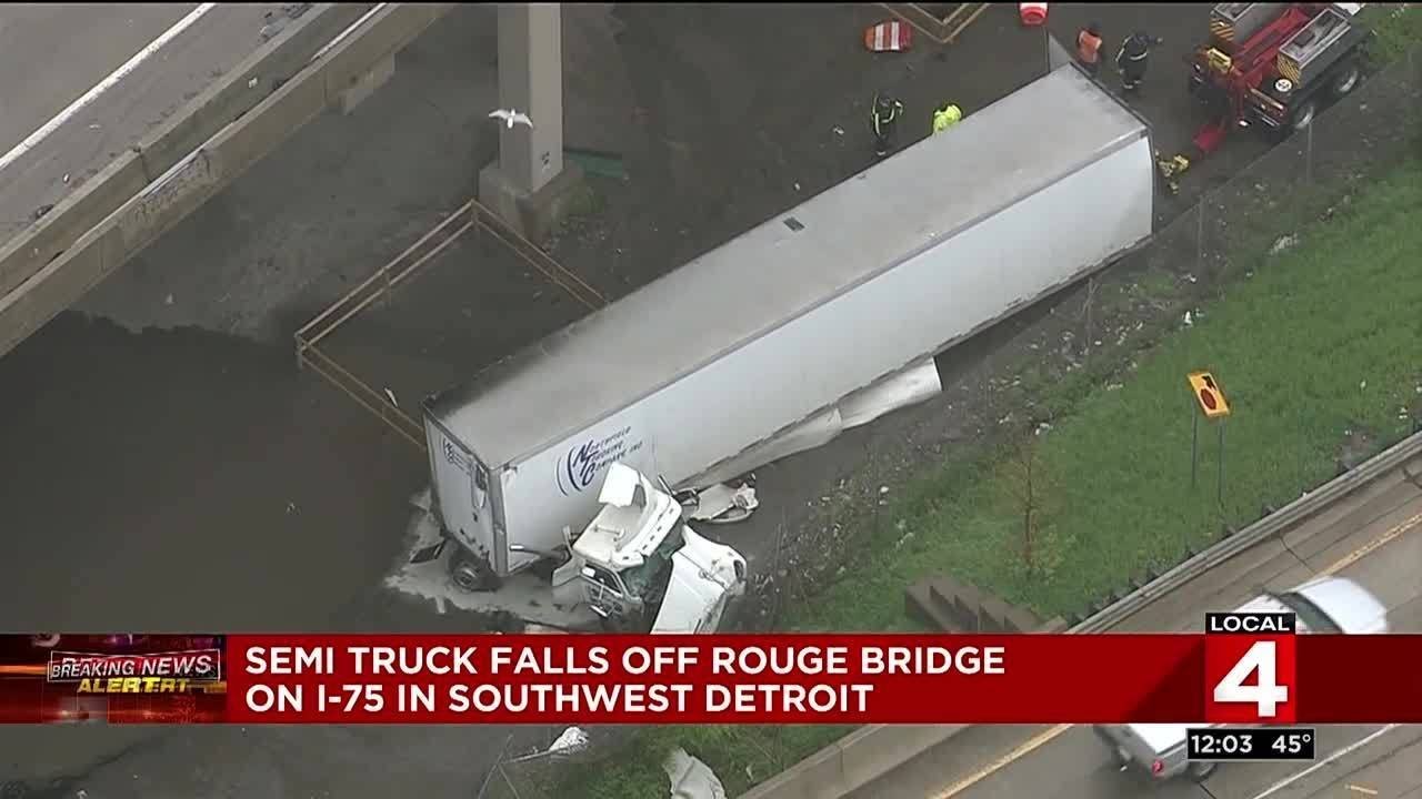 Semi truck falls off Rouge Bridge on I-75 in Southwest Detroit
