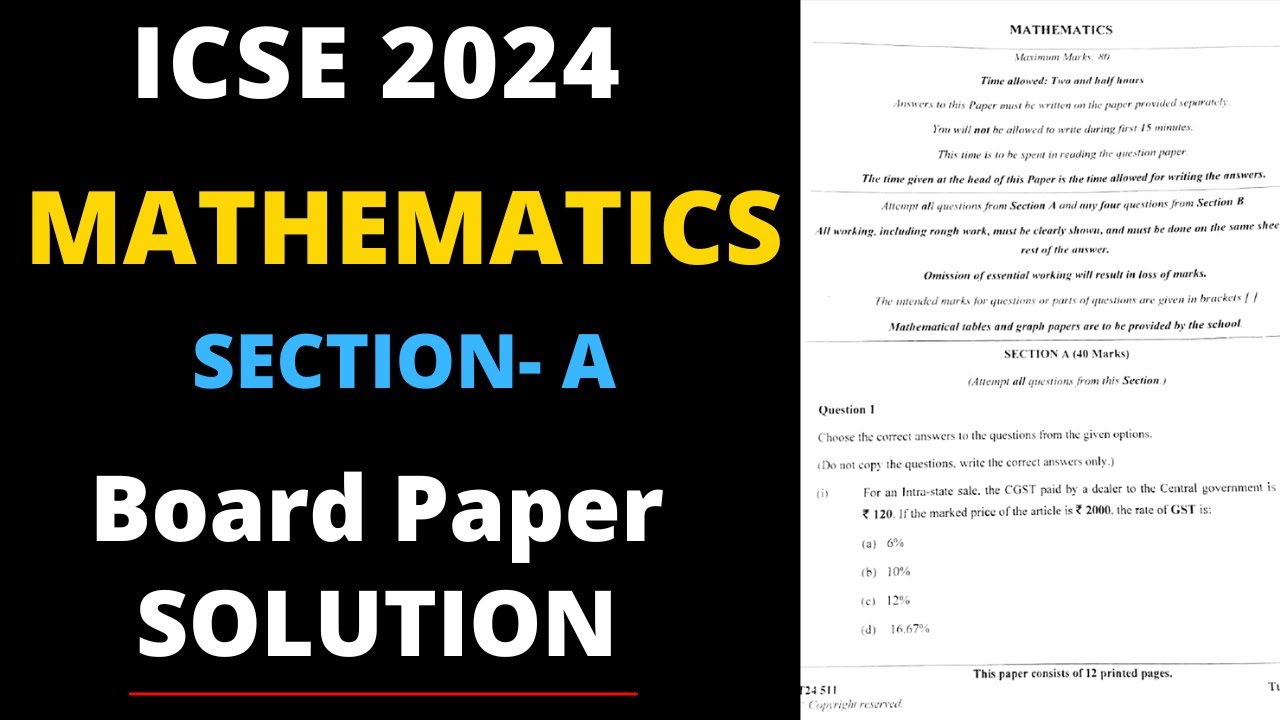 ICSE Class 10 Maths Board Paper 2024 Answer Key Section A