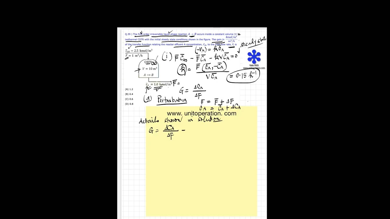 (XEA3459): CSTR Transfer Function Gain for Concentration Response to Flow Rate Change