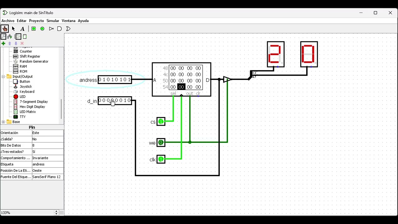 grabacion practica 2 en logisim simulador de ram