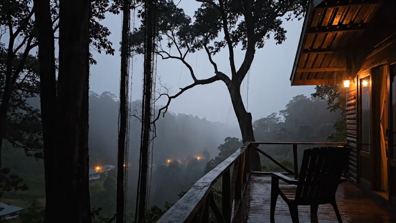 Heavy Rain on Cozy Forest Cabin Balcony 🌧️ Deep Sleep Ambience in Misty Mountains