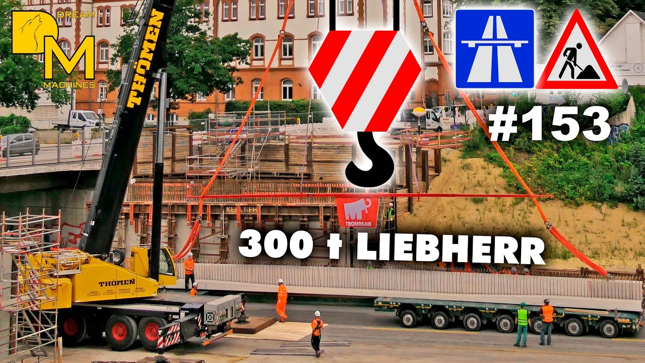 300 ton mobile crane Liebherr LTM 1300-6.1🚧⛓️ installing concrete beams on freeway