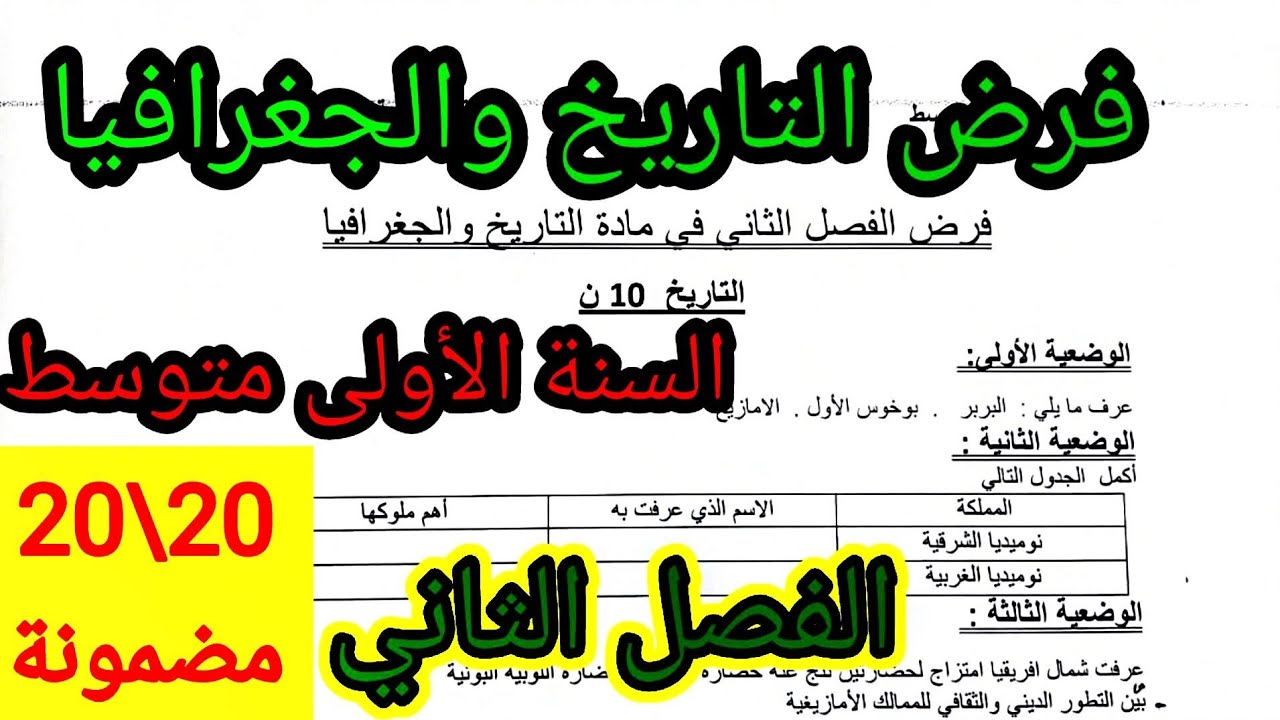 فرض الفصل الثاني في مادة التاريخ والجغرافيا للسنة الأولى متوسط #فروض #اختبارات #الفصل_الثاني