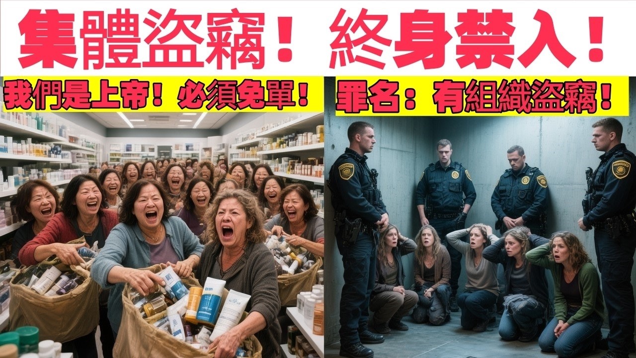 我們是上帝，你們必須免單！  十七人退休大媽團有組織洗劫機場免稅店試用裝，索賠10萬加幣被當場抓獲，監控錄像打臉後被罰12萬、遭領事館通報並終身禁入加拿大！正文：