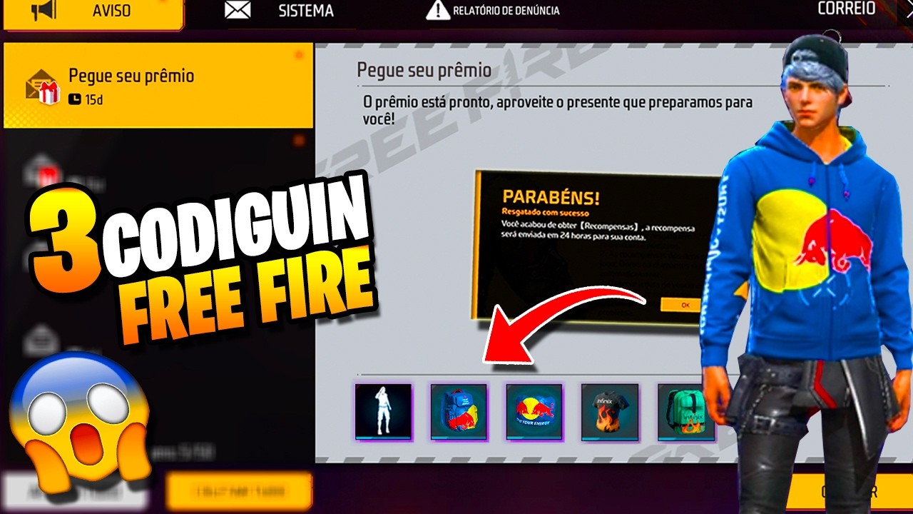 PEGUE 3 CODIGUIN NO FREE FIRE! CODIGUIN RED BULL, INFINIX, TODOS PODEM RESGATAR CODIGUIN FF 2026
