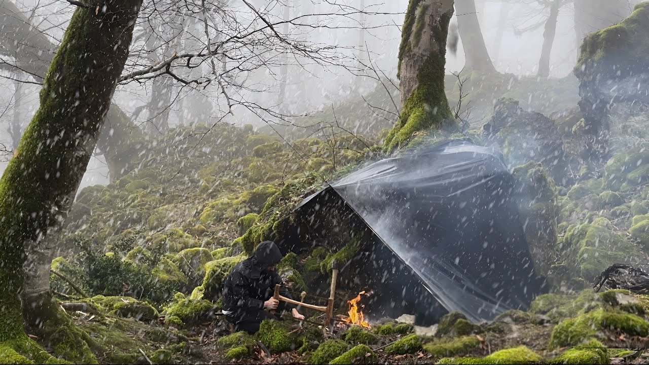 Winter Camping Under the Rock in the Snow - No Tent