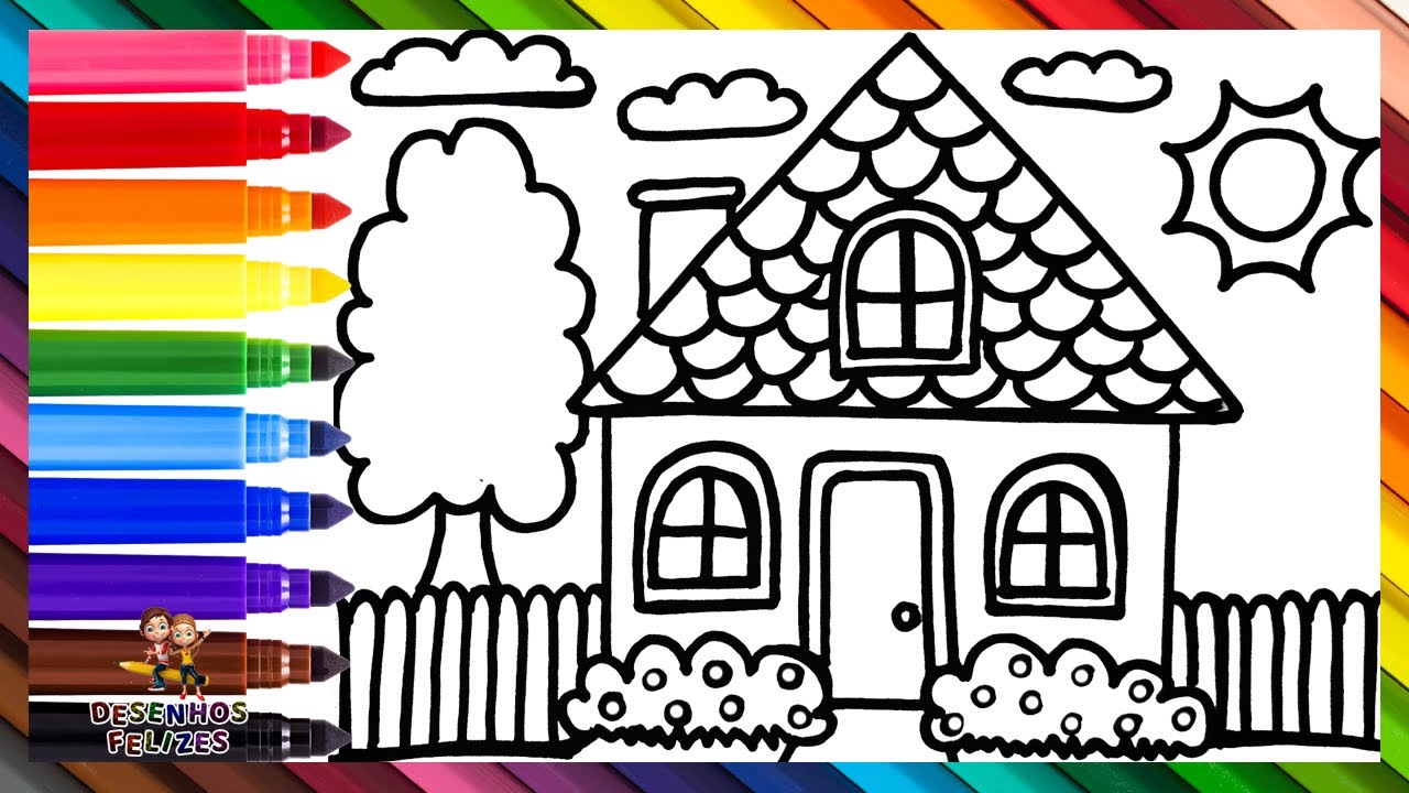 Desenhar e Colorir de Uma Casa com Jardim 🏠🌳 Desenhos para Crianças
