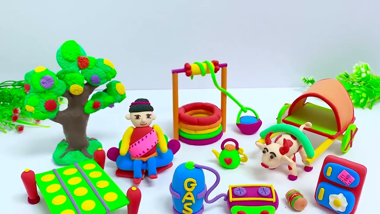 DIY How to make miniature village with polymer clay with water well, banyan tree, ox cart