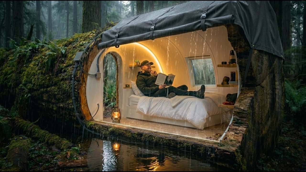 I Built a Hidden House Inside a Giant Tree Trunk | Living Inside a Tree During a Storm