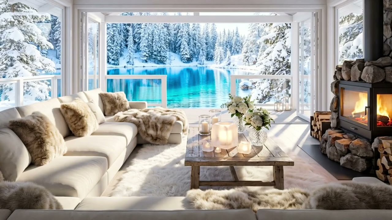 🎹❄️ Serene Snow Cabin Piano | Icy Blue Lake Fireplace Ambiance | Sleep Relax Focus Study Calm