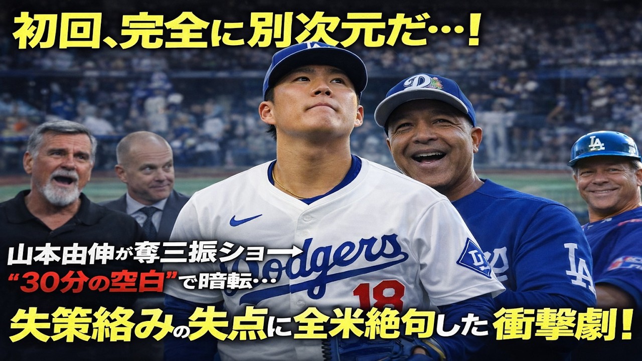 【全米震撼】「初回、完全に別次元だ…！」山本由伸が奪三振ショー→“30分の空白”で暗転…失策絡みの失点に全米絶句した衝撃劇！