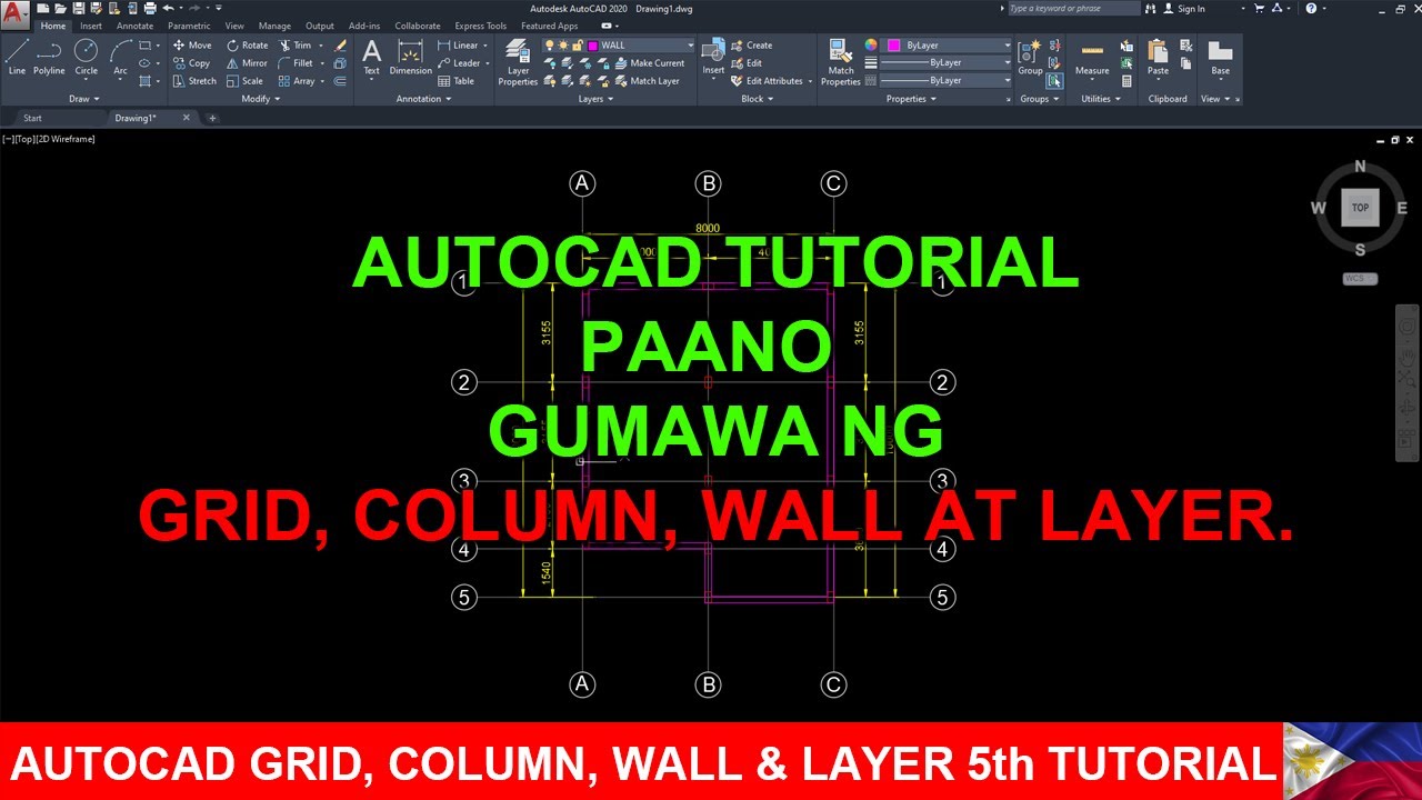 AUTOCAD GRID, COLUMN, WALL & LAYER 5th TUTORIAL