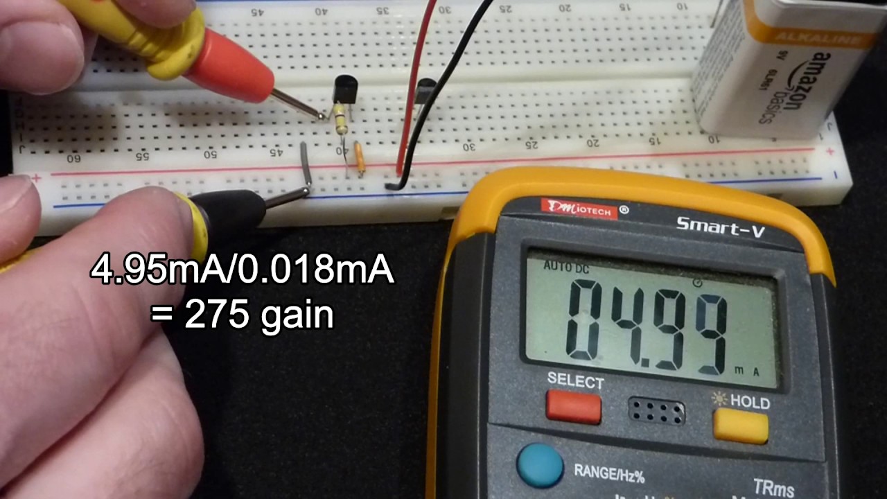 Проверка усиления на макетной плате и проверка hFE мультиметром биполярных транзисторов NPN 2N222...