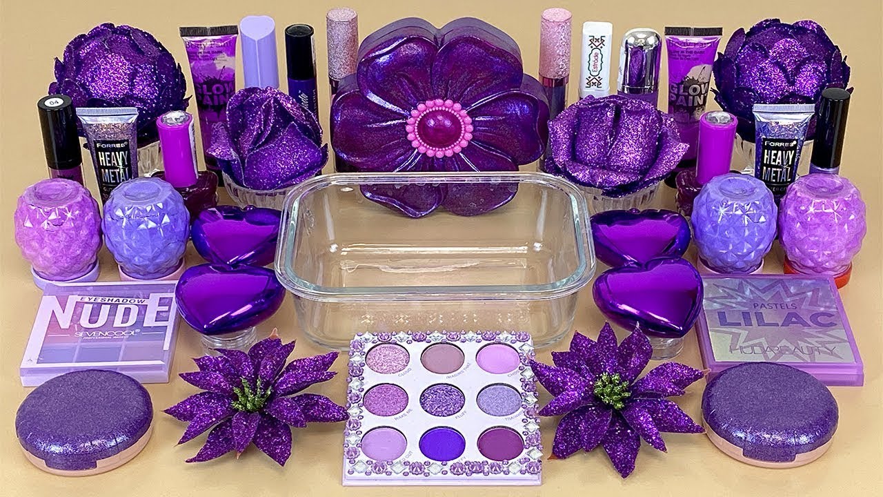 PURPLE SLIME 💜 Mixing makeup and glitter into Clear Slime. Satisfying Slime Video.