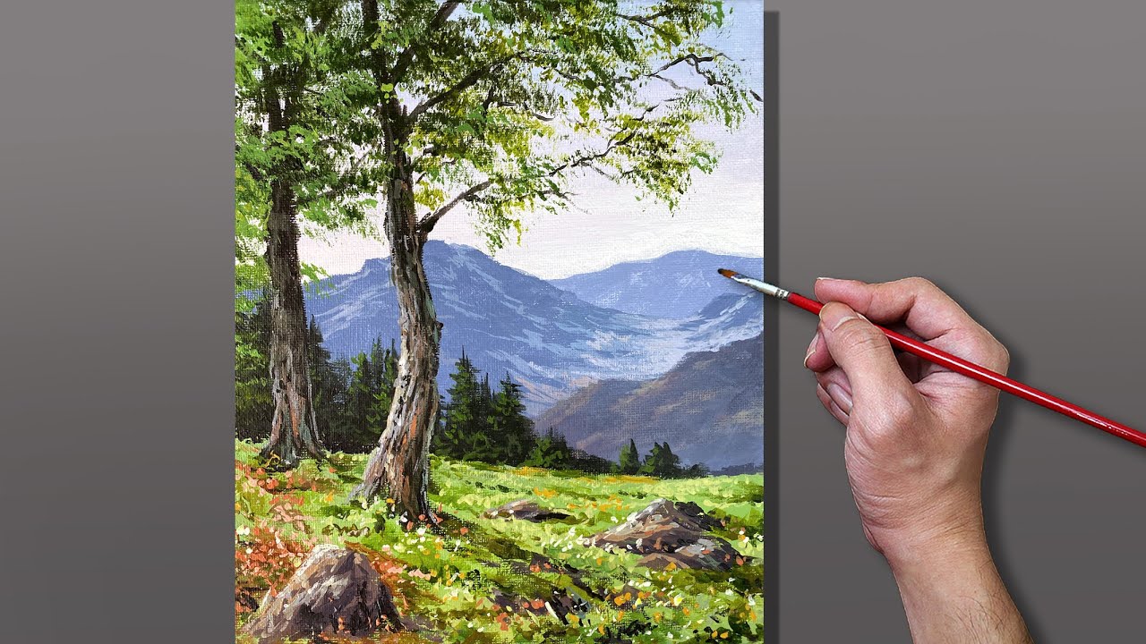 Acrylic Painting Old Tree Mountain Landscape