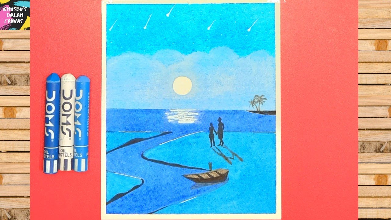 How to draw moonlight scenery with oil pastels | Easy moonlight scenery drawing for beginners