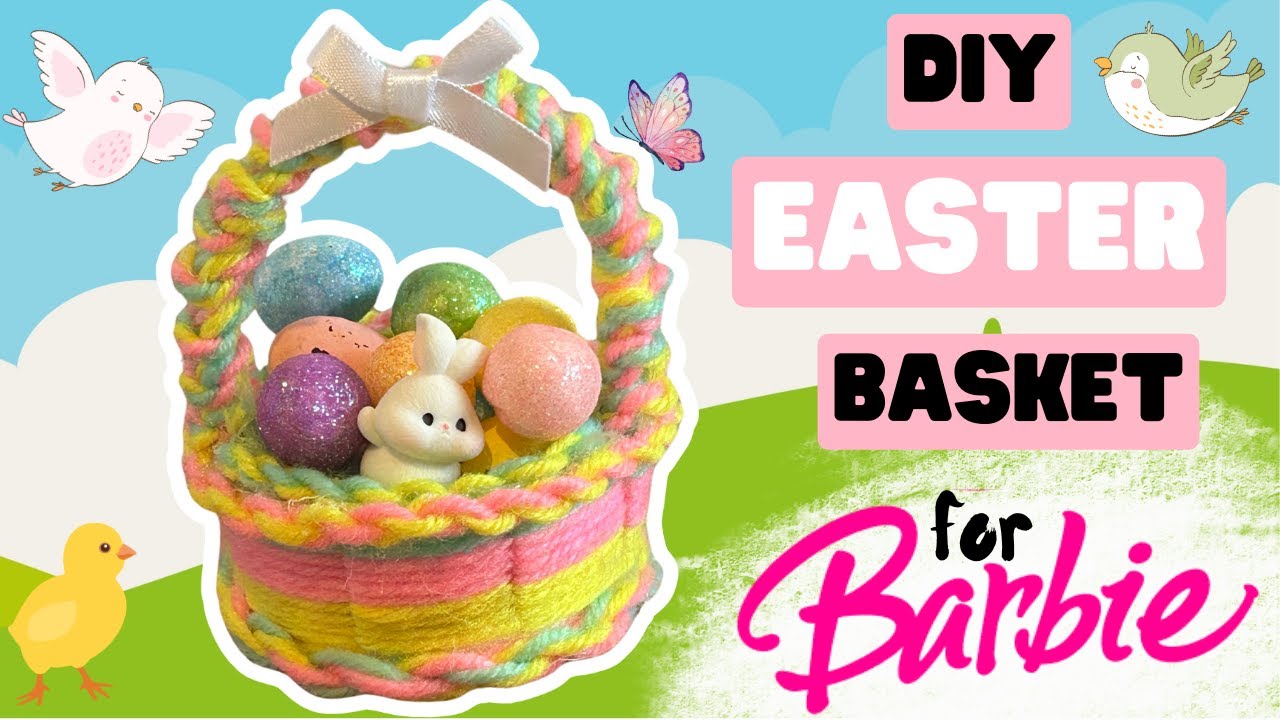 🐣DIY EASTER BASKET for BARBIE DOLL. Miniature Wool Weaving Craft for DOLLS. Easter eggs and bunny