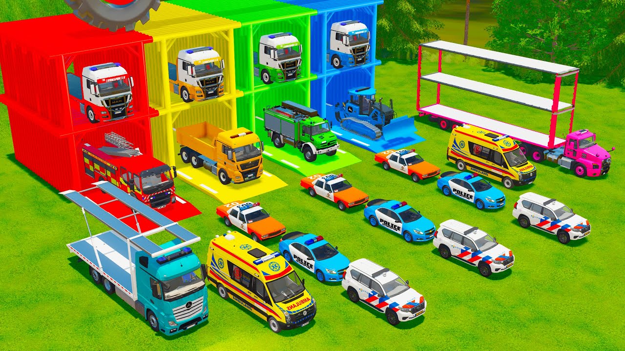 ALL POLICE AND SERVICE VEHICLES, AMBULANCES, BULLDOZER, DUMP TRUCK TRANSPORT TO GARAGE - FS22