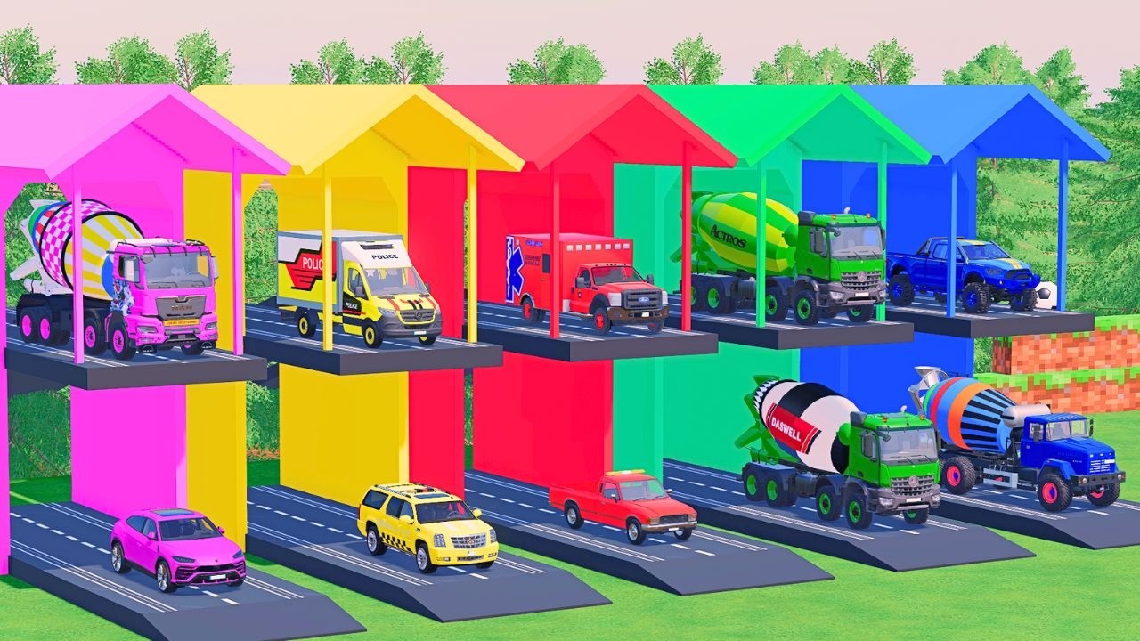 TRANSPORTING POLICE CARS, AMBULANCE, FIRE TRUCK, COLORFUL CARS WITH MIXER TRUCK ! FS22 #33
