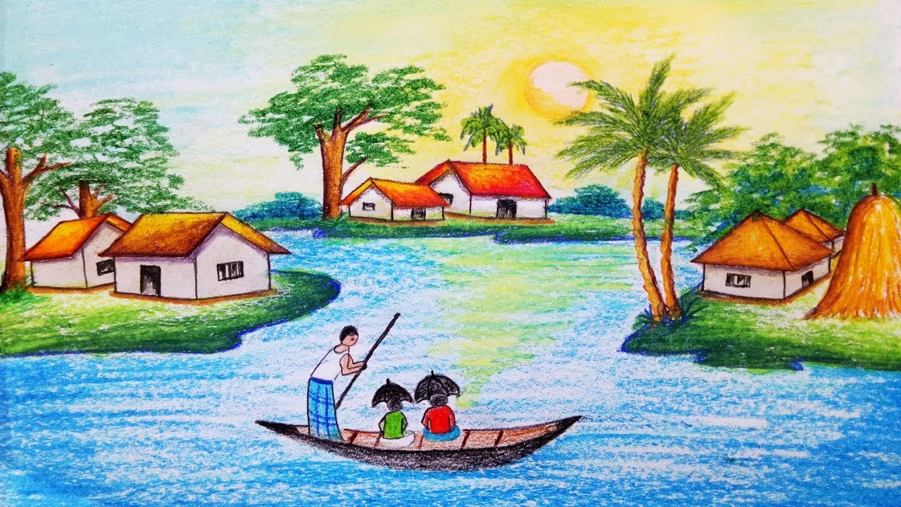 How to draw Riverside Village Scenery.Step by step(easy draw)