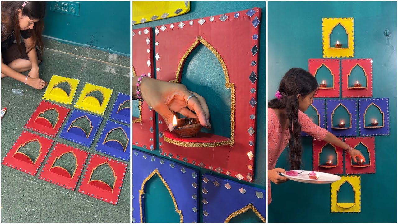 Colorful Diwali Wall Decor Using Cardboard | Easy Diya Holder Making 🌈🪔
