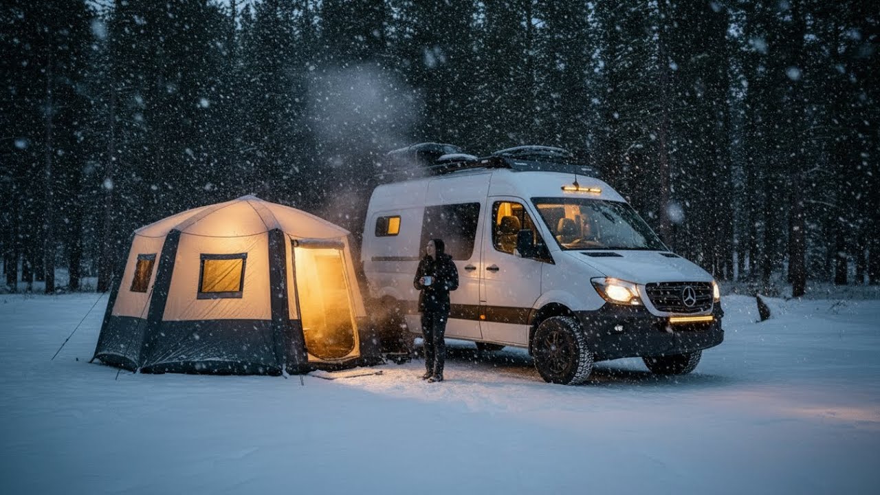 Winter Camping in a Camper Van During Heavy Snow