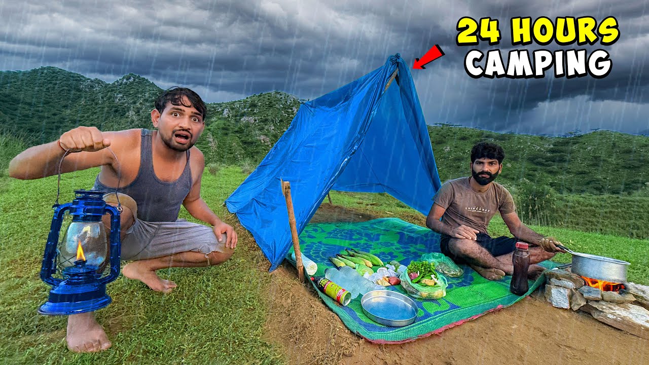 24 Hours Camping Challenge In Rain - Low Budget ☔