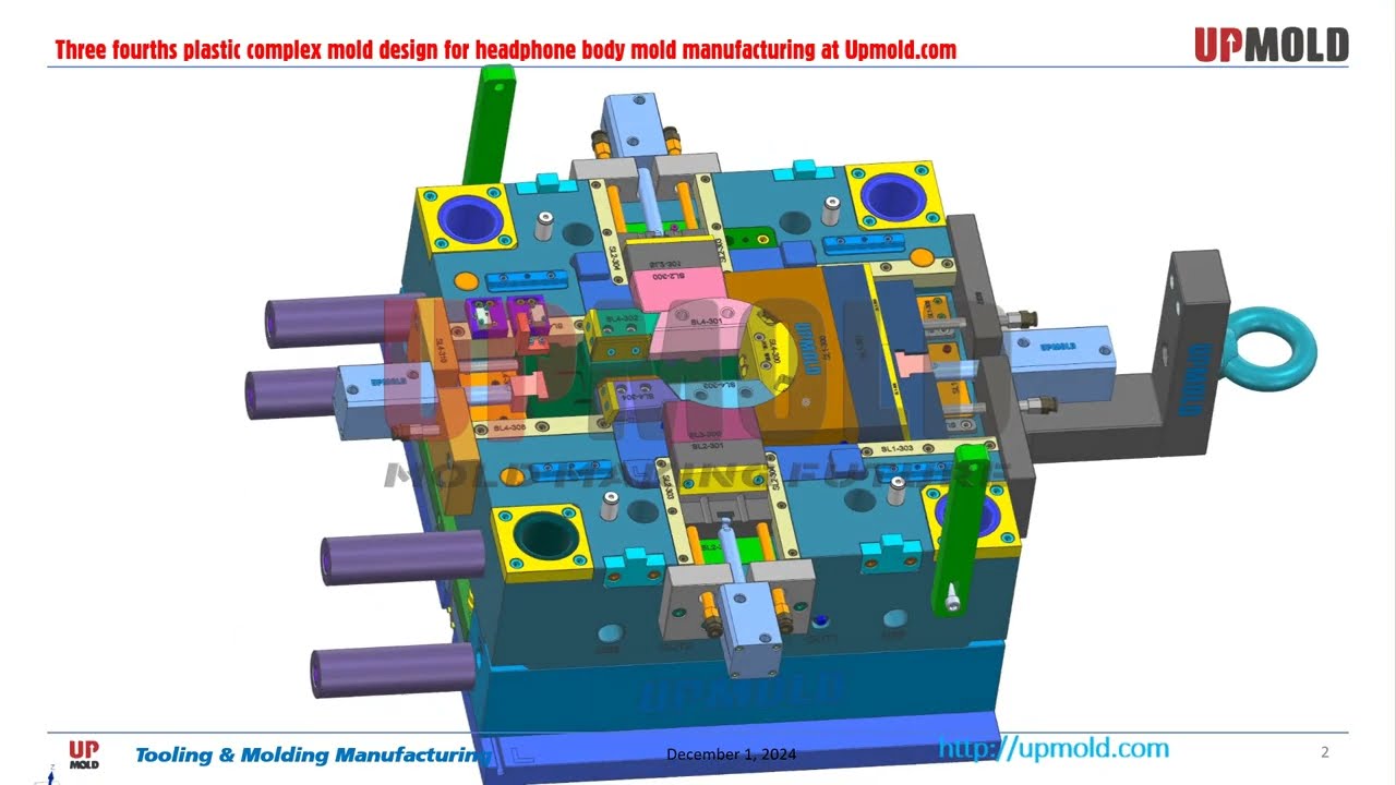 Three fourths plastic complex mold design for headphone body mold manufacturing at Upmold.com