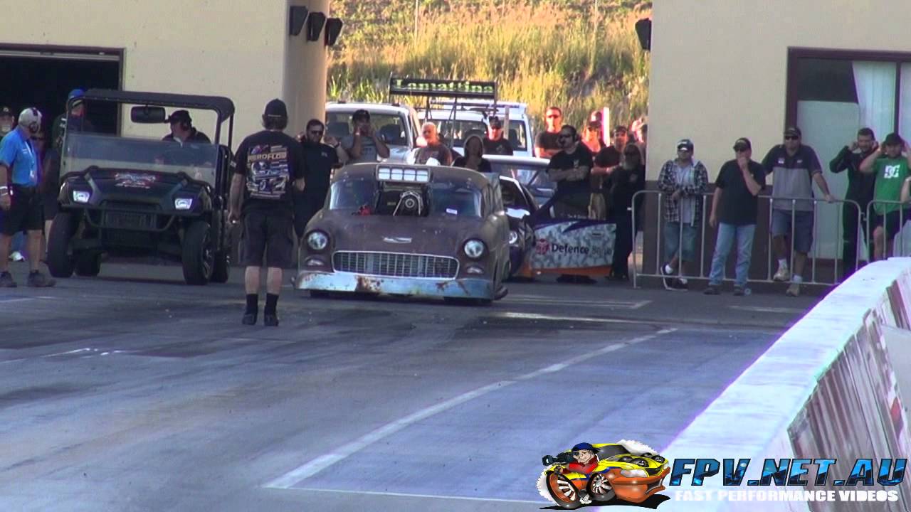 JEFF WILSON 55 CHEVY RUSTY WRAPPED DOORSLAMMER 6.45 @ 217 MPH SYDNEY DRAGWAY 27.4.2013