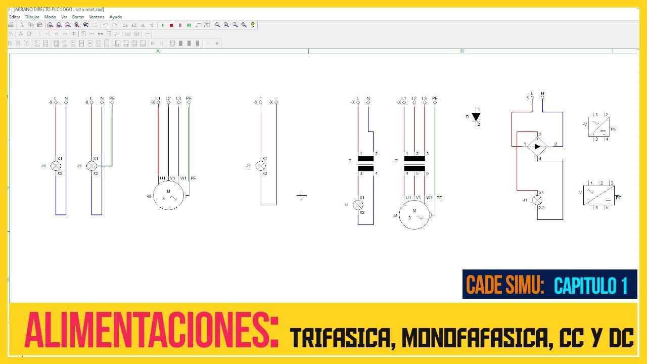 ALIMENTACIONES ELECTRICAS: MONOFASICA, BIFASICA , TRIFASICA,  CC Y CD EN CADE SIMU V4.2