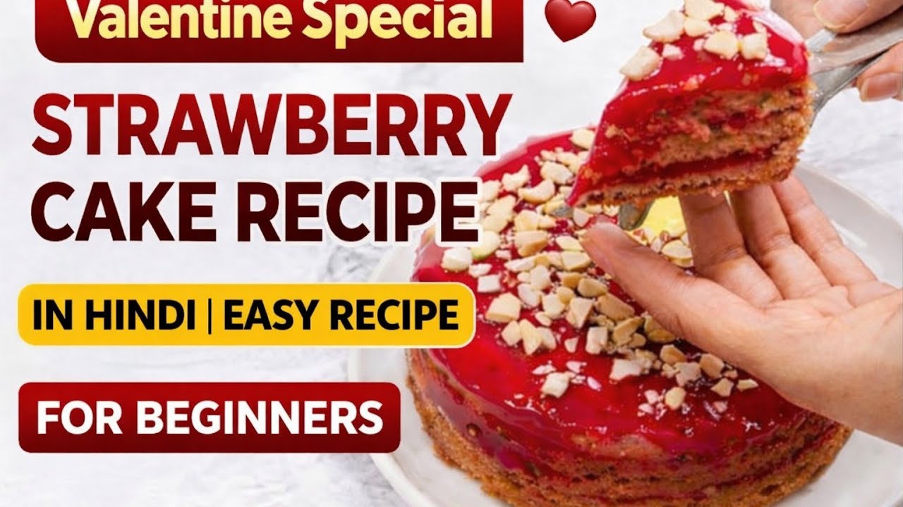 valentine's day special || strawberry cake recipe in Hindi || without oven|easy recipe for bignnar 