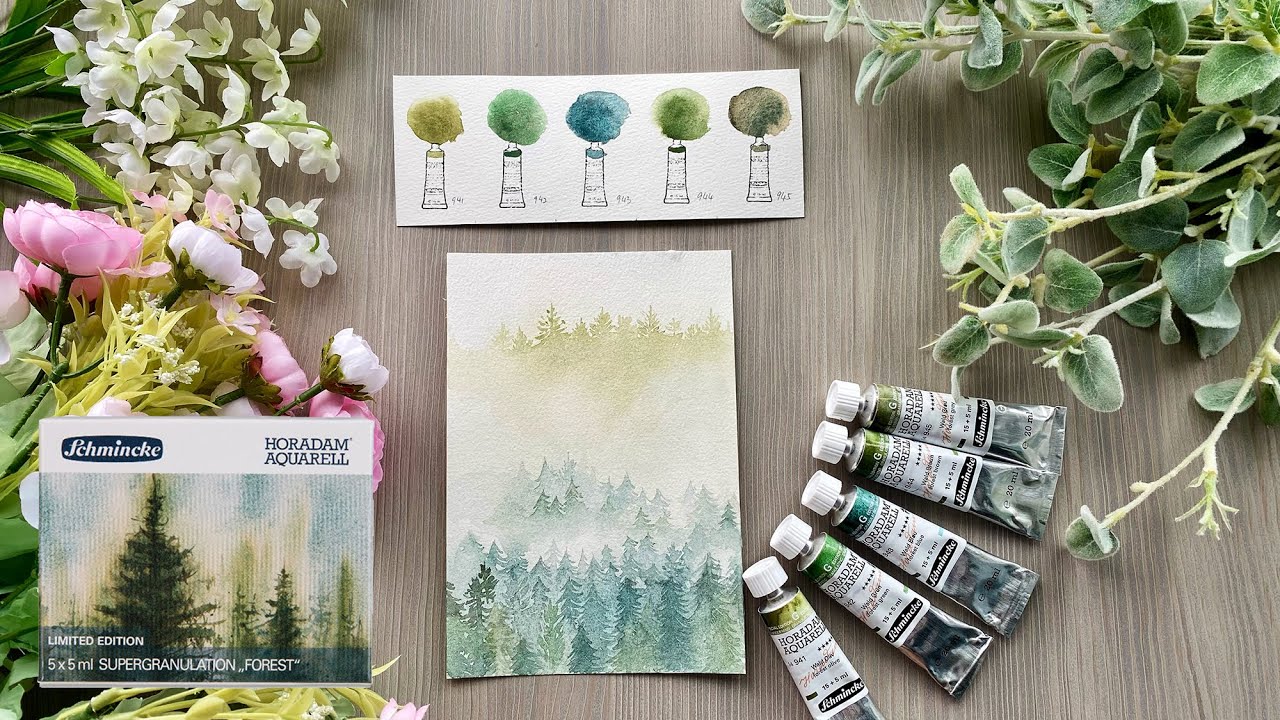 Schmincke Super Granulating Watercolors -Forest Unboxing / swatching and Painting - step by step