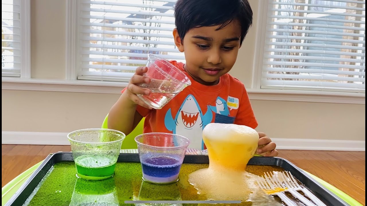 Adirath learns Easy DIY Science Experiments for Kids with how to make a homemade Volcano