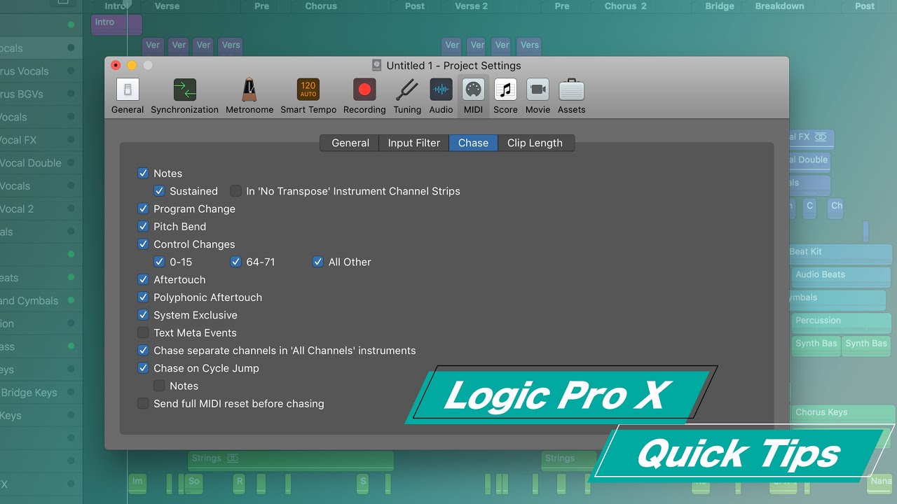 How to enable MIDI Chase in Logic Pro X