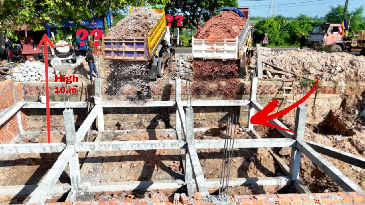 Starting Perfect New PROJECT! 5-T Truck Overloading Soil Into Box With Dozer Making Foundation House