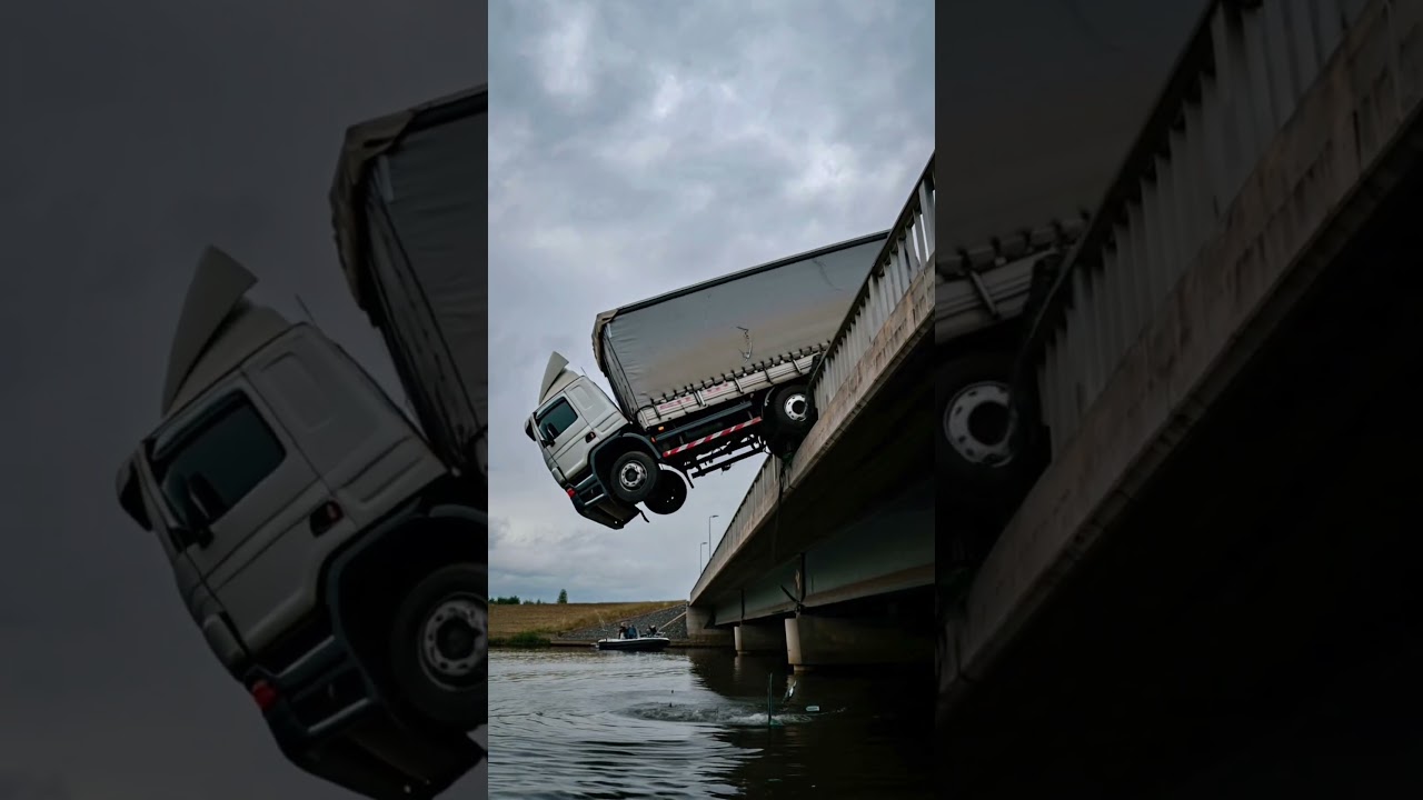 A truck tipped over the edge of the bridge after a crash, slowly sliding into the river below