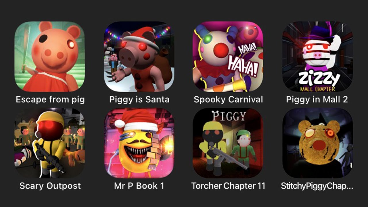 Piggy Escape From Pig, Piggy is Santa, Spooky Carnival, Piggy In Mall 2, Scary Outpost, Mr P Book 1