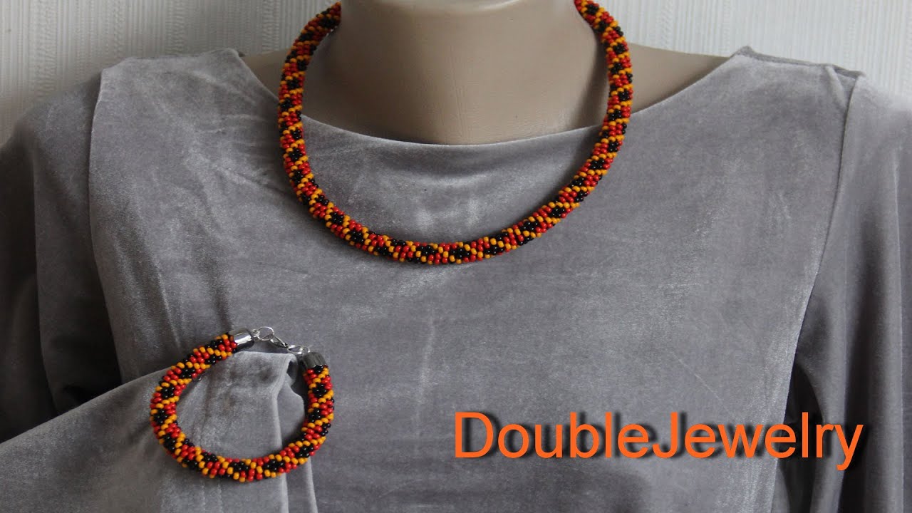 Beaded Kumihimo dark orange set,bracelet and necklace,laconic geometric set for her