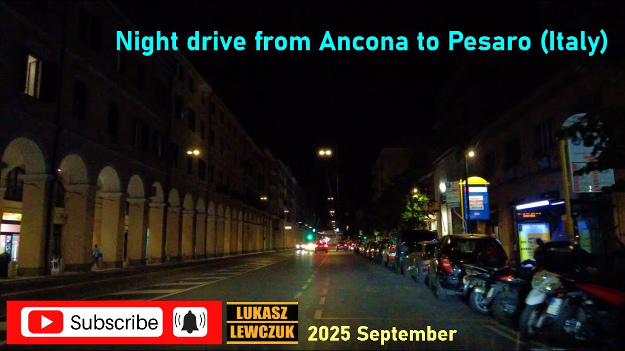 Night drive from Ancona na to Pesaro via Fano town. Driving in Italy.  Driver's POV [2025 Sept.]